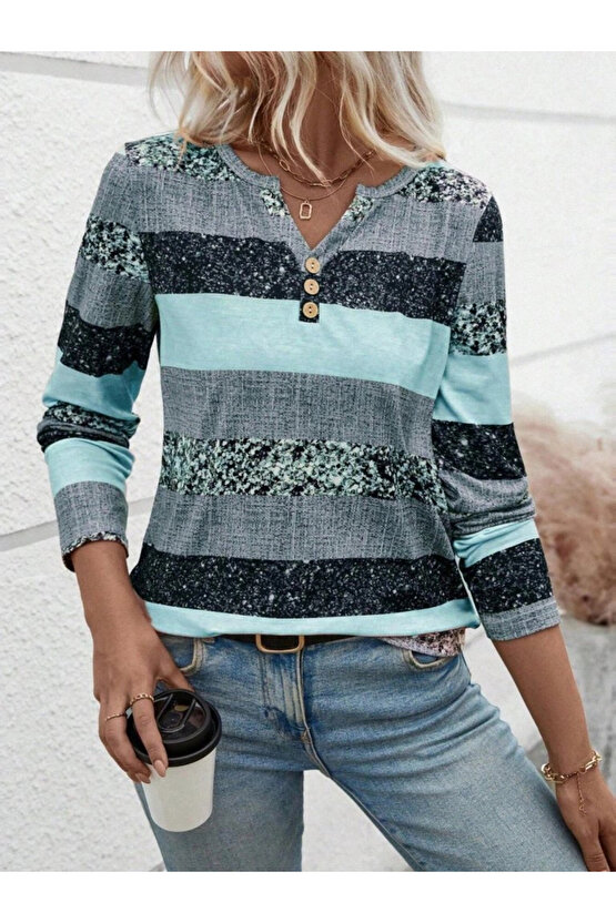 MDB Kadın Uzun Kollu Yakadan Düğmeli çizgili Desenli Süprem Bluz