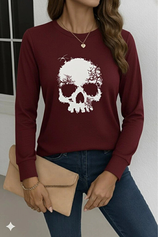 Kadın Uzun Kollu Bisiklet Yaka Kurukafa Desenli Viskon Bluz