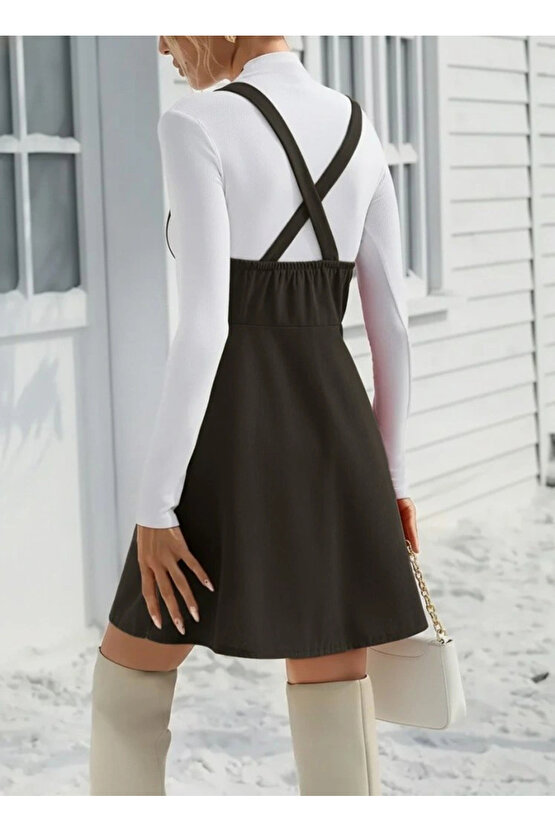 MDB Kadın Askılı Düğmeli Mini Süet Elbise