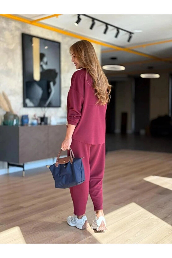 Kadın Uzun Kollu Bisiklet Yaka Viskon Iki Iplik Bluz Ve Pantolon Ikili Takım