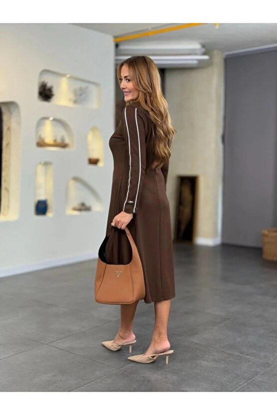 Kadın Uzun Kollu Bisiklet Yaka Midi Modal Elbise