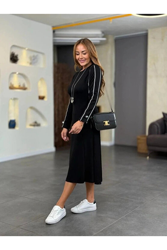 MDB Kadın Uzun Kollu Bisiklet Yaka Midi Modal Elbise