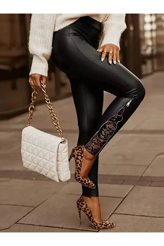 Kadın Yüksek Bel Yandan Yırtmaçlı Dantel Detaylı Deri Tayt