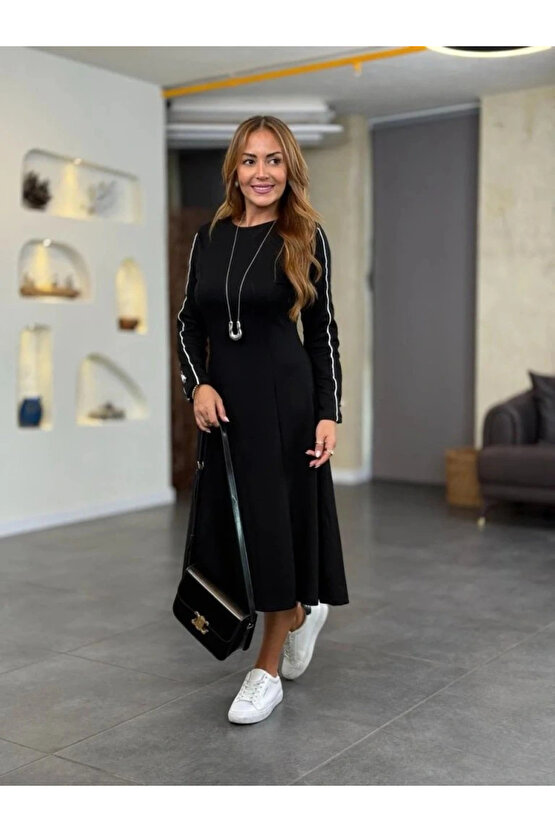 MDB Kadın Uzun Kollu Bisiklet Yaka Midi Modal Elbise