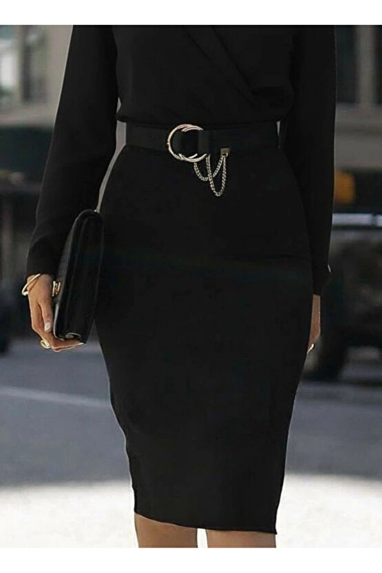 Kadın Uzun Kollu Kruvaze Yaka Janjan Krep Midi Elbise