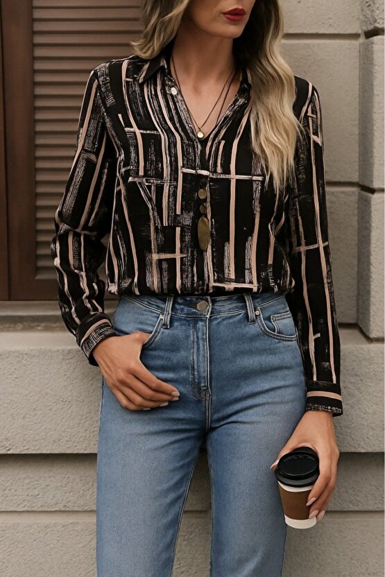 EQURİ Kadın Uzun Kollu V Yakalı Desenli Dalgıç Bluz