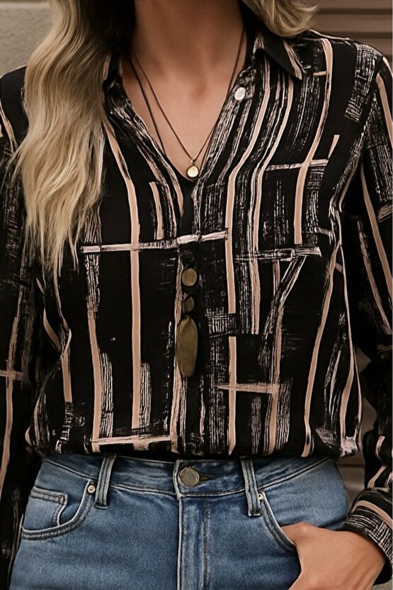 EQURİ Kadın Uzun Kollu V Yakalı Desenli Dalgıç Bluz