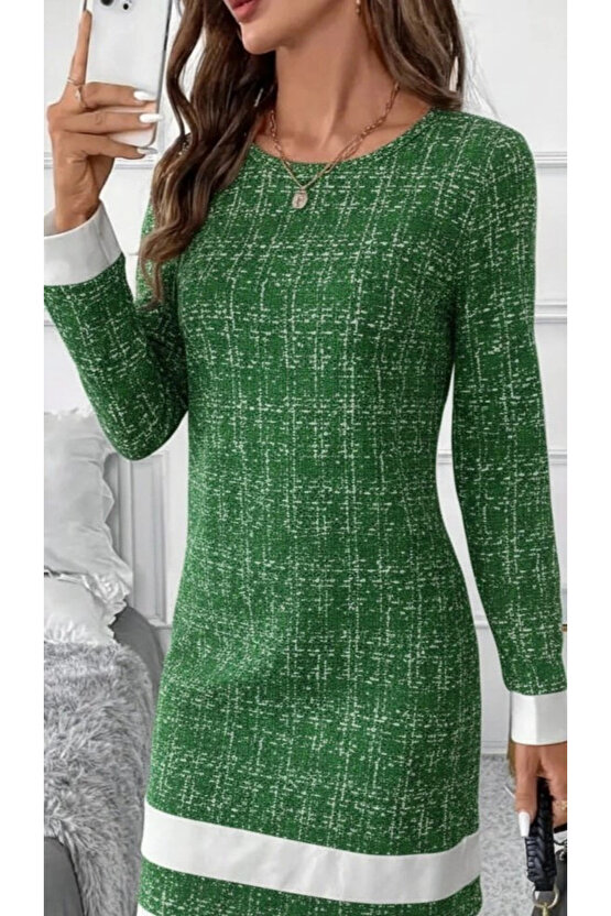 Kadın Uzun Kollu Yuvarlak Yaka Etek Ucu şerit Detaylı Mini Dokuma Elbise