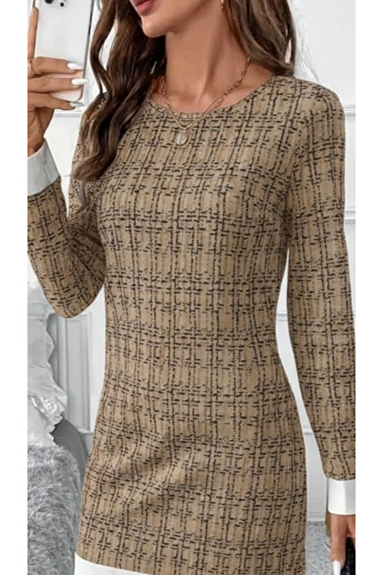 MDB Kadın Uzun Kollu Yuvarlak Yaka Etek Ucu şerit Detaylı Mini Dokuma Elbise