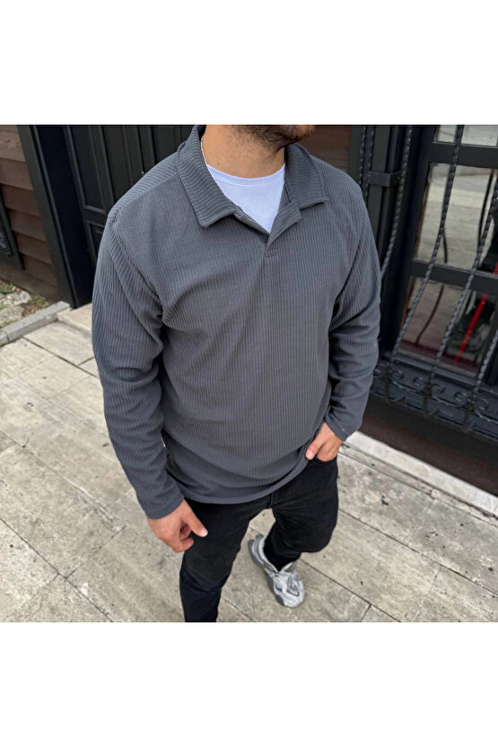 Erkek Fitilli Polar Sweatshirt – Düğmesiz Polo Yaka, Oversize Rahat Kalıp, Kalın Polar Kumaş, Kışlık