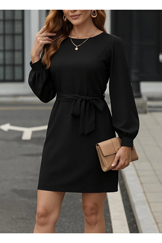 MDB Kadın Uzun Kollu Kayık Yaka Belden Kuşaklı Kısa Ithal Krep Elbise