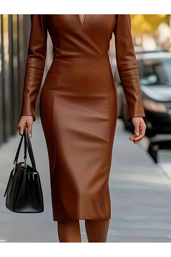 MDB Kadın Uzun Kollu V Yakalı Deri Midi Elbise