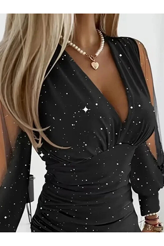 Kadın Uzun Kollu V Yakalısim Detaylı Mini Sandy Elbise