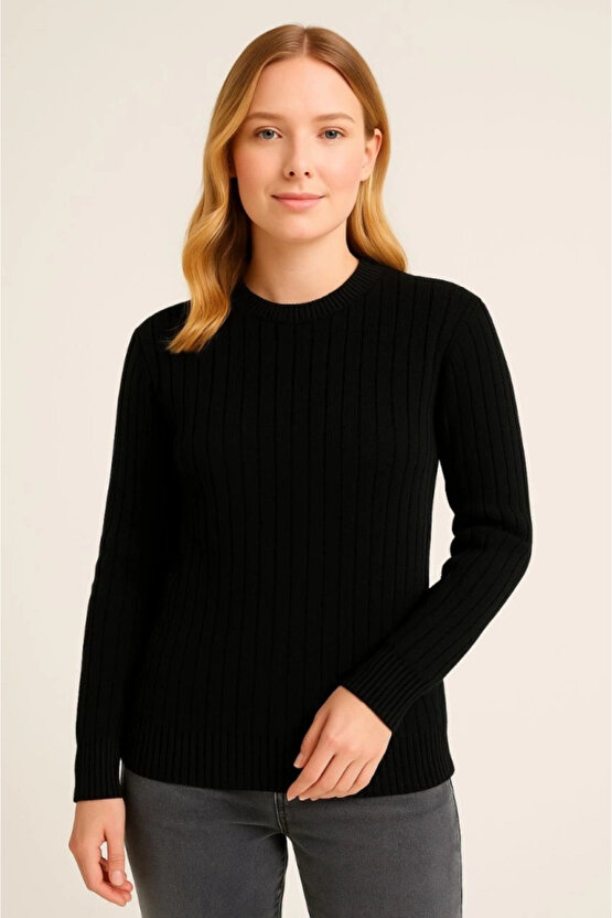 Bisiklet Yuvarlak Yaka Triko Kazak Pamuklu Kalın Fitilli Dokuma, Regular Fit Uzun Kollu Kışlık Model