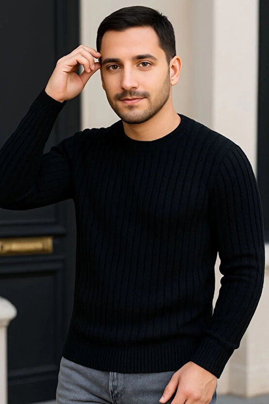 Erkek Bisiklet Yuvarlak Yaka Triko Kazak Pamuklu Kalın Fitilli Dokuma, Regular Fit Uzun Kollu Kışlık