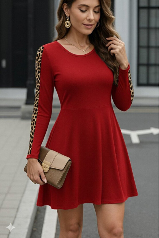 Kadın Uzun Kollu Bisiklet Yaka Kollar Leopar Detay Iki Iplik Mini Boy Elbise