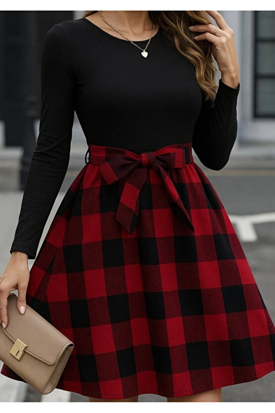 Kadın Uzun Kollu Bisiklet Yaka üst Viskon Alt Ekose Kısa Elbise