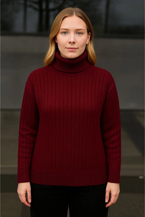 Kadın Balıkcı Yaka Bağazlı Triko Kazak Pamuklu Kalın Fitilli Dokuma - Bordo