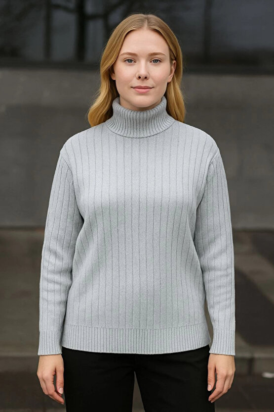 Kadın Balıkcı Yaka Bağazlı Triko Kazak Pamuklu Kalın Fitilli Dokuma - Gri