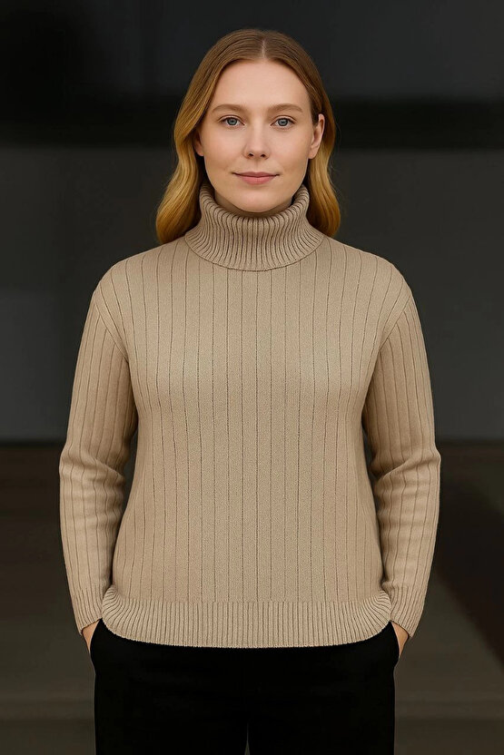 Kadın Balıkcı Yaka Bağazlı Triko Kazak Pamuklu Kalın Fitilli Dokuma - Bej