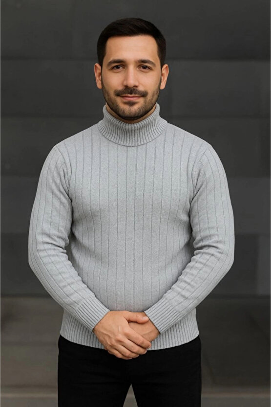 Erkek Balıkcı Yaka Bağazlı Triko Kazak Pamuklu Kalın Fitilli Dokuma, Regular Fit Uzun Kollu Kışlık M