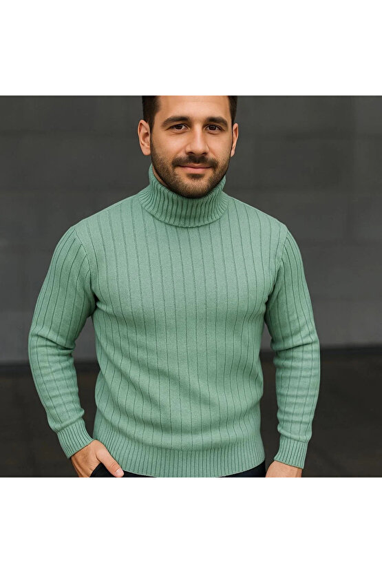 Erkek Balıkcı Yaka Bağazlı Triko Kazak Pamuklu Kalın Fitilli Dokuma, Regular Fit Uzun Kollu Kışlık M