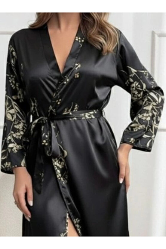 MDB Kadın Uzun Kollu V Yakalı çiçek Baskılı Belden Kuşaklı Midi Saten Gecelik