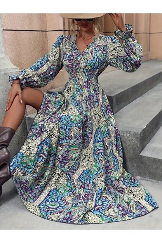 Kadın Uzun Kollu Kruvaze Yakalı Desenli Süprem Maxi Elbise