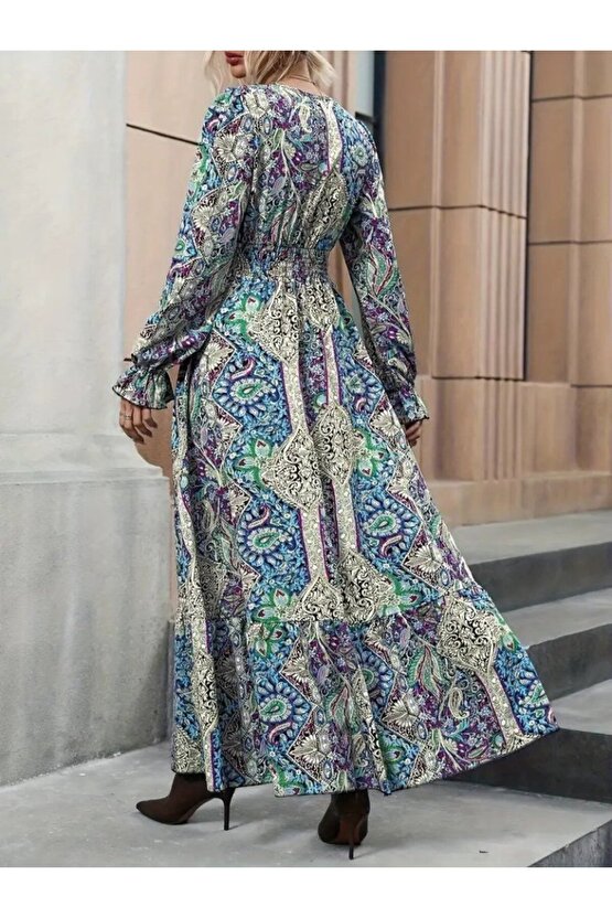 Kadın Uzun Kollu Kruvaze Yakalı Desenli Süprem Maxi Elbise