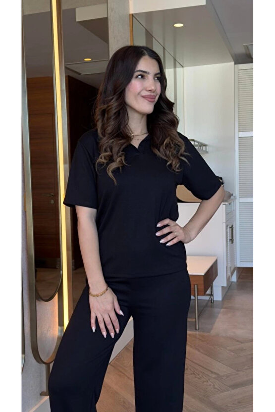 MDB Kadın Kısa Kollu Yakalı Viskon Iki Iplik Bluz Ve Pantolon Ikili Takım