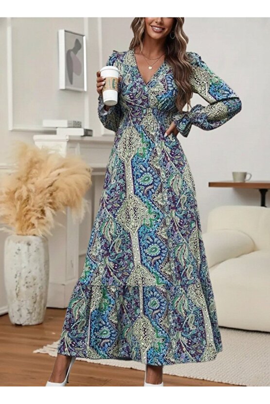 Kadın Uzun Kollu Kruvaze Yakalı Desenli Süprem Maxi Elbise