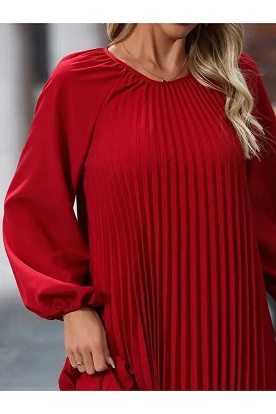 MDB Kadın Uzun Kollu Yuvarlak Yaka Pileli Salaş Mini Ithal Krep Elbise