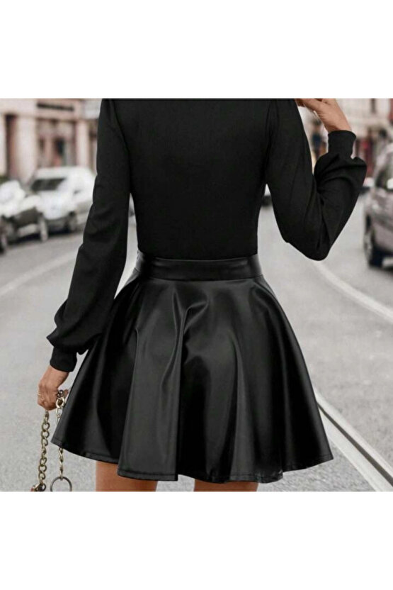 MDB Kadın Uzun Kollu Kare Yaka üst Viskon Alt Deri Mini Elbise