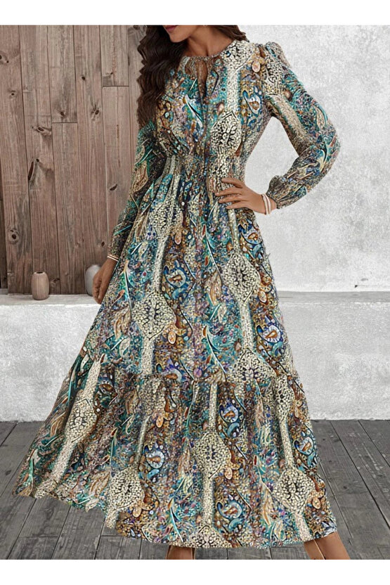 Kadın Uzun Kollu Uakadabağcıklı Beli Lastikli Desenli Uzun Süprem Elbise