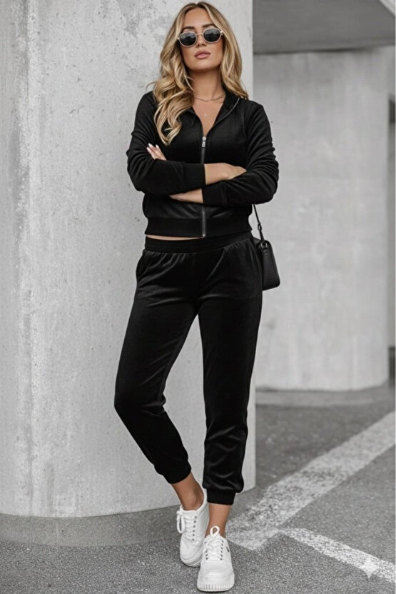 Kadın Uzun Kollu önden Fermuarlı Krop Kadife Ceket Ve Pantolon Ikili Takım