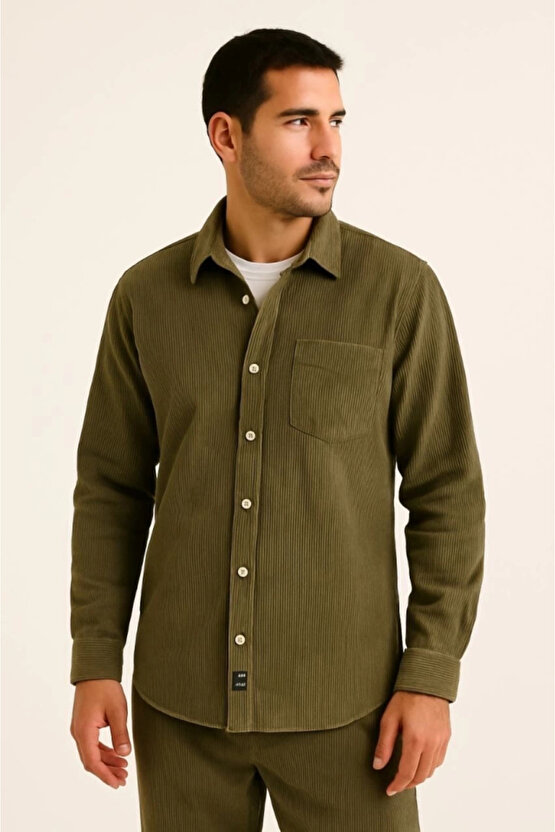 MDB Erkek Fitilli Kadife Cepli Gömlek Oversize Rahat Kalıp Haki