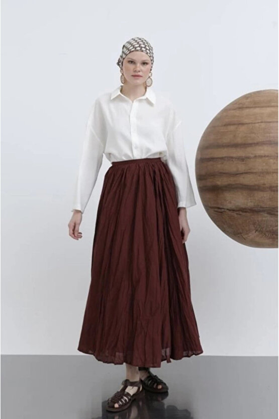 MDB Kadın Yüksek Bel Arkadan Fermuarlı Kırışık Geniş Kesimli Vural Etek