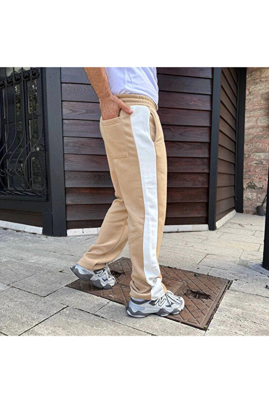 Erkek Üç İplik Kışlık Pamuklu Yandan Garneli Kalın Şeritli Cepli Eşofman Altı - Bej