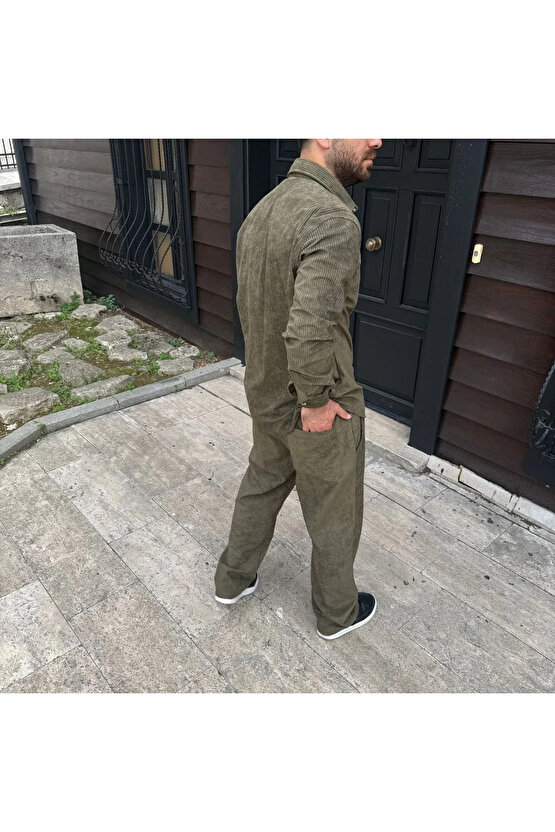 Erkek Fitilli Kadife Cepli Buggy Pantolon Oversize Rahat Kalıp - Haki