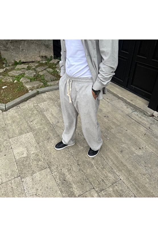 MDB Erkek Fitilli Kadife Cepli Buggy Pantolon Oversize Kalıp Gri