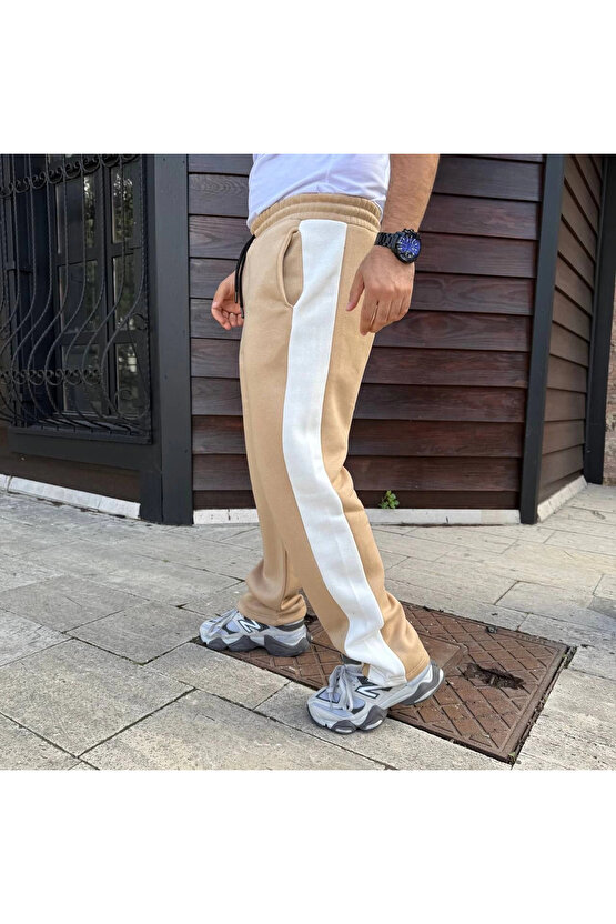 Erkek Üç İplik Kışlık Pamuklu Yandan Garneli Kalın Şeritli Cepli Eşofman Altı - Bej