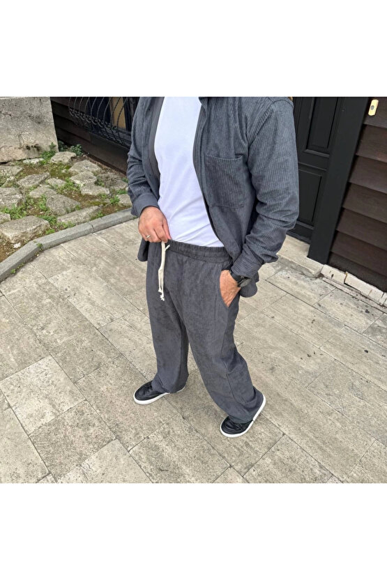 MDB Erkek Fitilli Kadife Cepli Buggy Pantolon Oversize Rahat Kalıp Füme