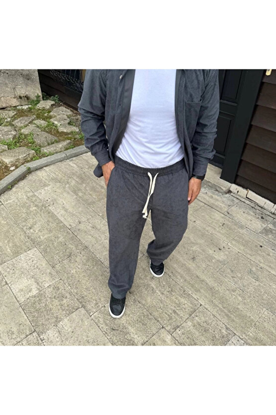 MDB Erkek Fitilli Kadife Cepli Buggy Pantolon Oversize Rahat Kalıp Füme