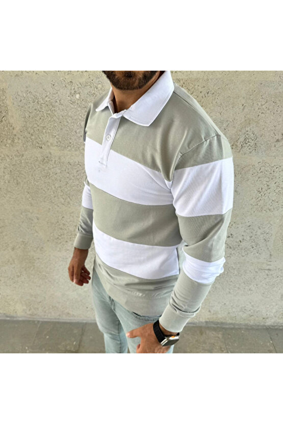 EQURİ Erkek Polo Yaka Uzun Kollu Çizgili Sweatshirt Trend Rugby Stil - Mint Yeşili