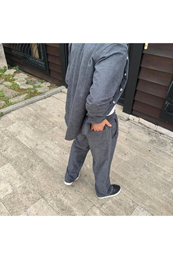 MDB Erkek Fitilli Kadife Cepli Buggy Pantolon Oversize Rahat Kalıp Füme