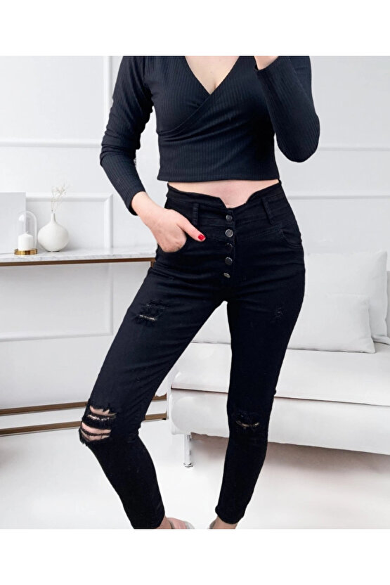 EQURİ Kadın 5 Düğmeli V Detay Bel Yırtık Kot