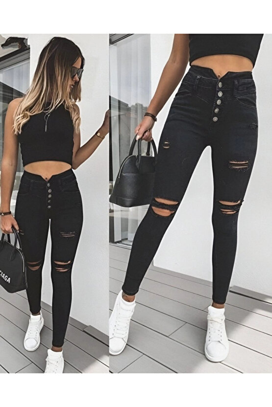 EQURİ Kadın 5 Düğmeli V Detay Bel Yırtık Kot