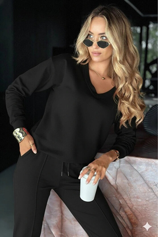 Kadın Uzun Kollu V Yakalı Viskon Iki Iplik Bluz Ve Pantolon Ikili Takım