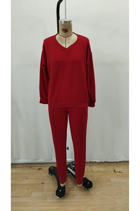 Kadın Uzun Kollu V Yakalı Viskon Iki Iplik Bluz Ve Pantolon Ikili Takım