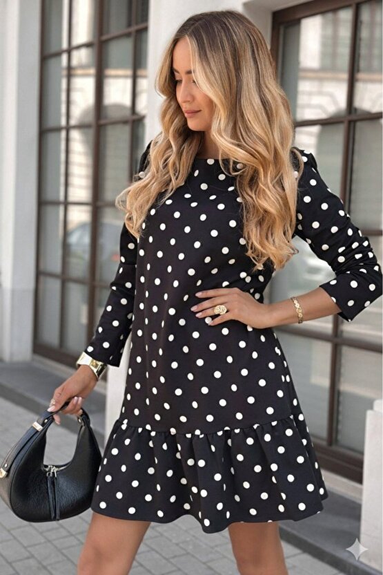 Kadın Uzun Kollu Bisiklet Yaka Fırfırlı Puantiyeli Kısa Modal Elbise
